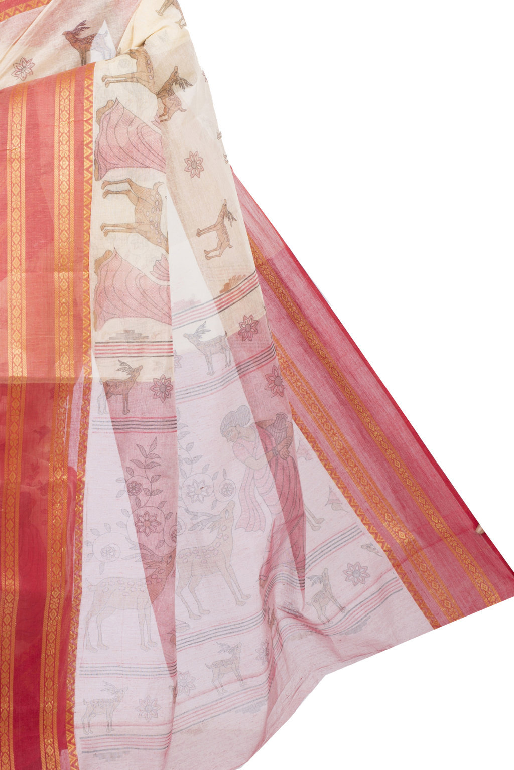 Red Pure Cotton Sakuntala Tant Saree Print (1829)